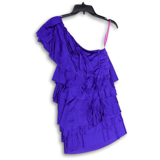 Womens Purple One Shoulder Ruffle Stretch Pullover Bodycon Dress Size XXS image number 4