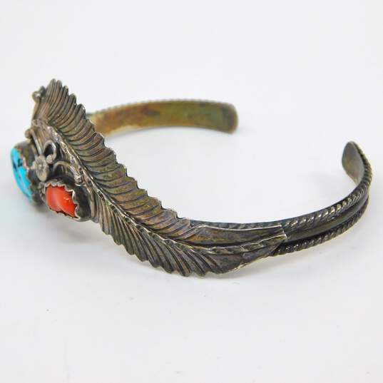Signed RB Richard Begay Navajo 925 Southwestern Turquoise & Coral Etched Feather Scrolled & Rope Statement Cuff Bracelet 20.1g image number 3