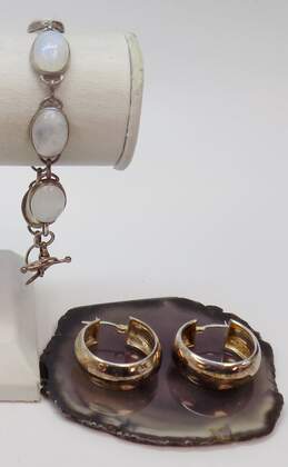 Artisan Sterling Silver Moonstone Cabochon Bracelet & Wide Hoop Earrings 22.7g