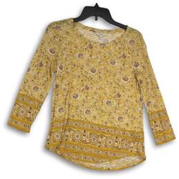 Lucky Brand Womens Yellow Brown Floral Long Sleeve Pullover Blouse Top Size S