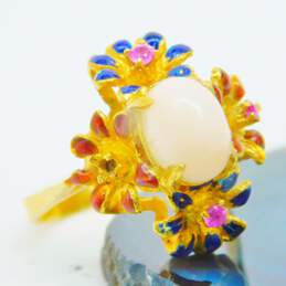 18K Gold Pink Spinel Accents Cabochon Blue & Red Enamel Flowers Statement Ring For Repair 5.0g