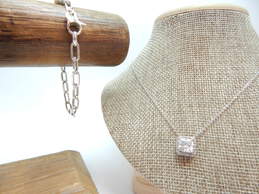 Dyadema & Contemporary 925 Cubic Zirconia Halo Square Pendant Necklace & Oval Paperclip Chain Bracelet 8.1g