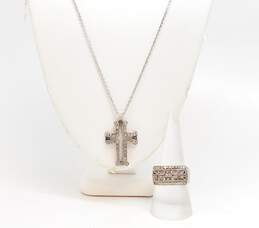 Judith Jack 925 Sterling Silver Marcasite Cross Pendant Necklace & Ring 13.8g