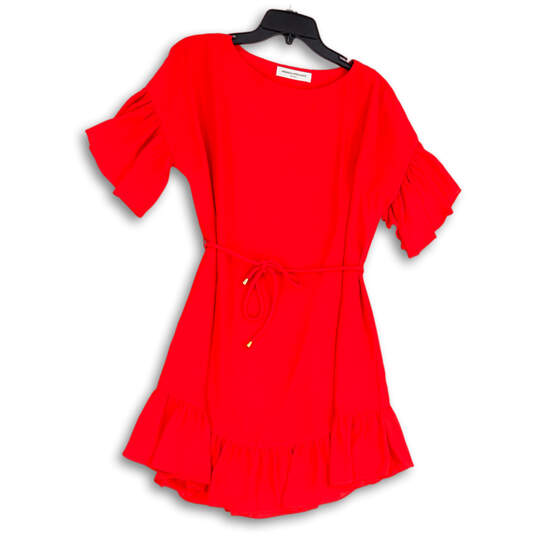 Womens Red Round Neck Short Sleeve Ruffle Hem Pullover Mini Dress Size S image number 1