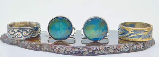 Artisan & ROM 925 Labradorite Cabochon Circle Cuff Links & Abstract Tribal Design Chunky Band Rings 24g image number 1