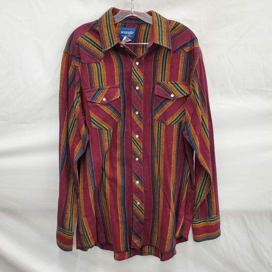 VTG Wrangler MN's Aztec Pearl Snap 100% Cotton Multi Color Long Sleeve Shirt Size XL image number 1