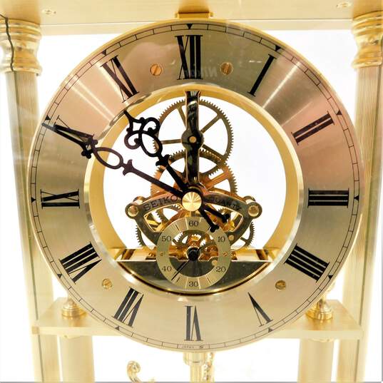 VTG Seiko Quartz Lucite Brass Pillar Skeleton Clock 400 Day Mantel Clock IOB image number 3