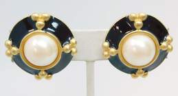 Vintage Givenchy Faux Pearl Black Enamel & Gold Tone Clip On Earrings 24.0g