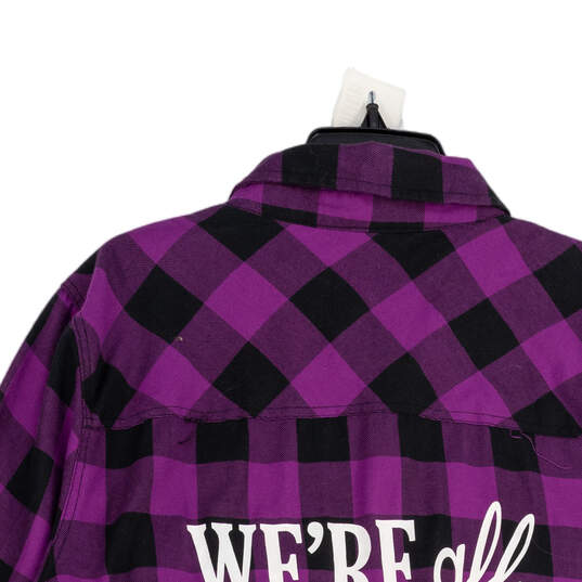 Womens Purple Black Check Spread Collar Long Sleeve Button-Up Shirt Size 3 image number 4