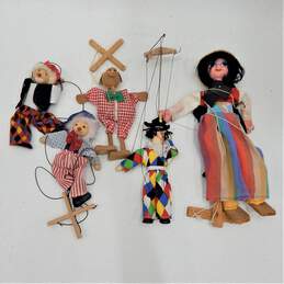 Vintage Lot Wooden Marionette String Puppets Mexico Senorita Clowns Pig