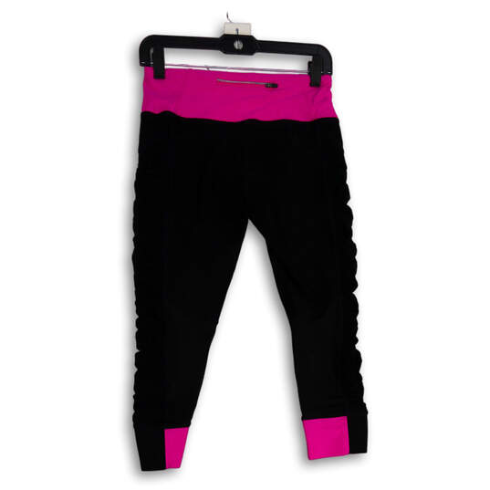 Womens Black Pink Elastic Waist Zipper Pocket Cropped Leggings Size Small image number 2