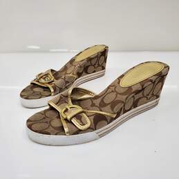 Coach Women's Perry Khaki/Gold Signature Canvas Wedge Sandals Size 8.5B alternative image