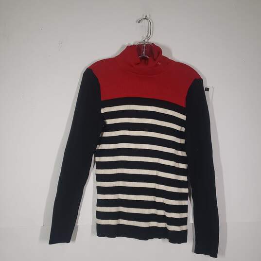 Womens Cotton Striped Turtleneck Long Sleeve Pullover Sweater Size Large image number 2