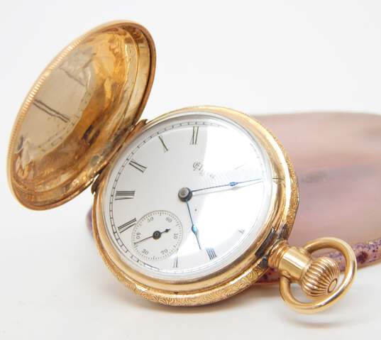 Antique Elgin 14K Gold 6925128 7 Jewels Roy MFG Co 26778 Etched Filigree Case Hunting Pocket Watch 32.2g image number 2