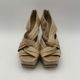 Womens Beige Sameh Leather Open Toe Back Zip Wedge Platform Heels Size 9.5M
