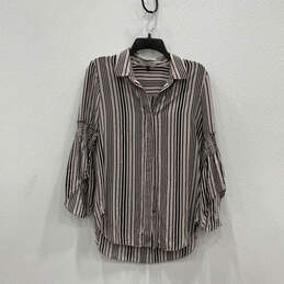 Womens Brown Striped Smocked Detail Bell Sleeve Button-Up Shirt Size Small