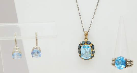 Artisan 925 Vermeil Blue Topaz Halo Pendant Necklace Drop Earrings & Ring image number 1