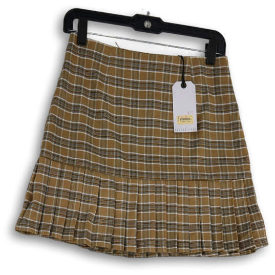 NWT Womens Brown Plaid Pleated Back Zip Short A-Line Skirt Size M image number 1