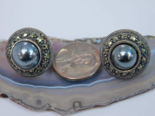 Judith Jack 925 Sterling Silver Marcasite & Pearl Omega Clip Earrings image number 5