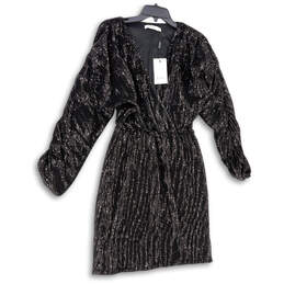 NWT Womens Black Sequin Long Sleeve V-Neck Cinch Waist Mini Dress Size 38