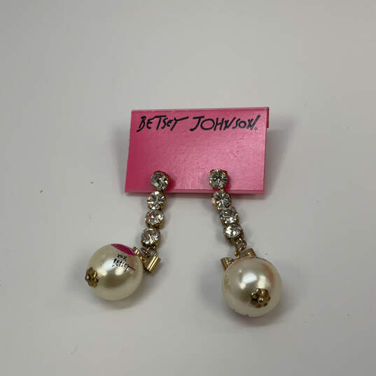 Designer Betsey Johnson Gold-Tone Rhinestone Bow Pearl Dangle Earrings image number 3