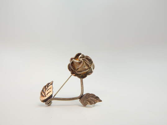 Taxco Mexico 925 Sculpted Petals Rose Flower & Etched Leaves Brooch 10.4g image number 1