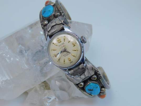 Vintage Roy Vandever Navajo 925 Turquoise Coral Hilton 17 Jewels Watch Cuff Bracelet 40.8g image number 1