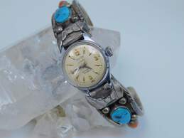 Vintage Roy Vandever Navajo 925 Turquoise Coral Hilton 17 Jewels Watch Cuff Bracelet 40.8g