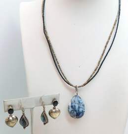 Artisan 925 Dendritic Agate Pendant Beaded Necklace & Heart & Abalone Earrings