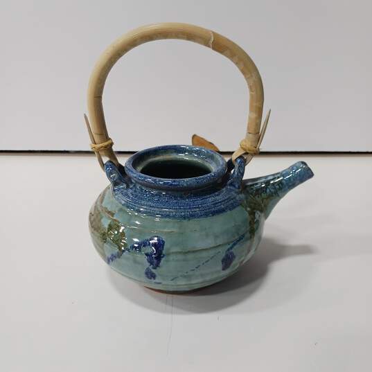 Blue Ceramic Teapot With Wooden Handle (Made By Local Artist In Pagosa Springs, CO) image number 1