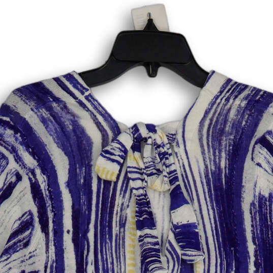 NWT Womens Blue Knitted Printed Tie Back V-Neck Tunic Blouse Top Size Large image number 4