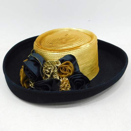 Whittail & Shon Wool Doeskin Felt Bollman Hat Co Black & Gold Sequin  Rose Accent Women's Hat W/ Box image number 2
