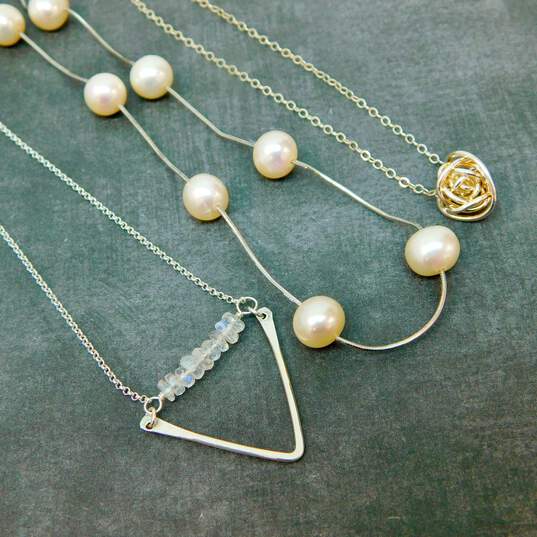 Artisan 925 Moonstone Triangle & Knot Pendants & Pearls Station Chain Necklaces image number 1