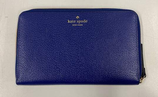 Kate Spade Travel Blue Leather Zip Around Card Organizer Clutch Wallet image number 1