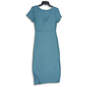 NWT Womens Blue Ribbed Short Sleeve Tie Neck Maxi Dress Size Medium image number 2