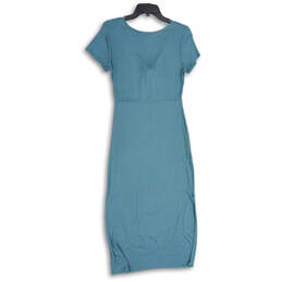 NWT Womens Blue Ribbed Short Sleeve Tie Neck Maxi Dress Size Medium alternative image