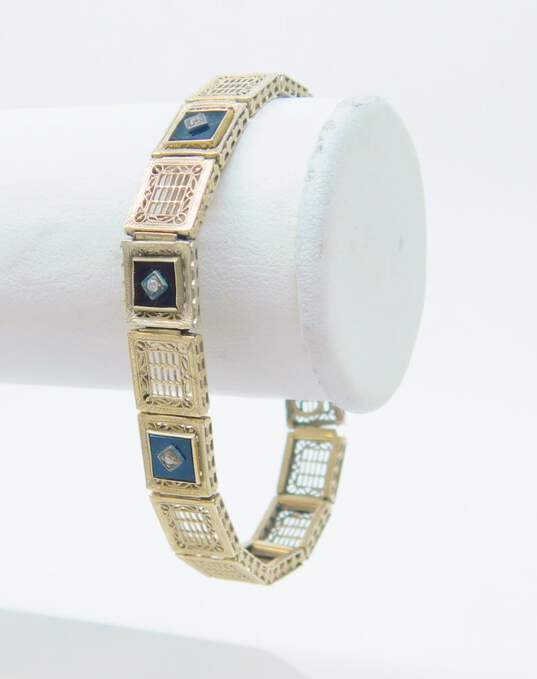 Art Deco 14k White Gold Onyx Diamond Accent Panel Bracelet 12.4g image number 4