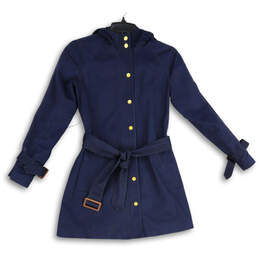 Womens Navy Long Sleeve Belted Hooded Trench Coat Size XS Petite