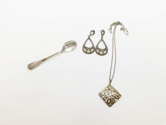 Artisan 925 Sterling Silver Scrolled Pendant Necklace Marcasite Drop Earrings & Unique Spoon Brooch 16.4g image number 1