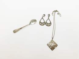 Artisan 925 Sterling Silver Scrolled Pendant Necklace Marcasite Drop Earrings & Unique Spoon Brooch 16.4g
