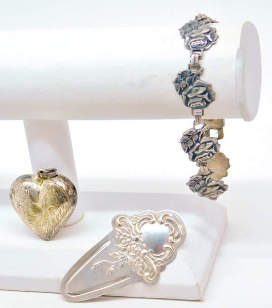 Vintage 925 Rose Bracelet Scroll Heart Pendant & Towle Floral Bookmark 34.7g image number 6