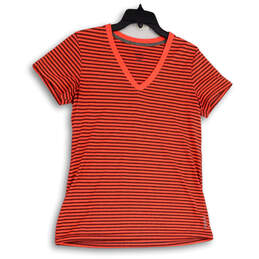 Womens Pink Black Striped Play Dry Short Sleeve V-Neck T-Shirt Size L