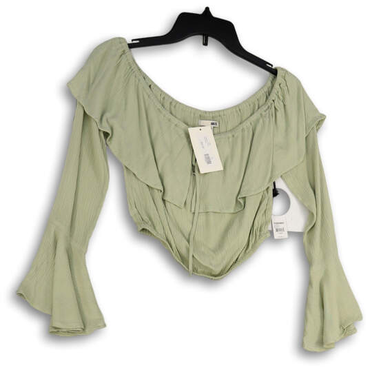 NWT Womens Celery Green Off The Shoulder Bell Sleeve Cropped Blouse Top XS image number 1