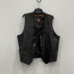 Mens Black Leather Sleeveless V-Neck Snap Front Biker Vest Size X-Large