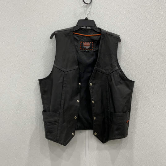 Mens Black Leather Sleeveless V-Neck Snap Front Biker Vest Size X-Large image number 1