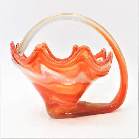 Murano Style Hand Blown Glass Art Red Swirl Basket image number 3