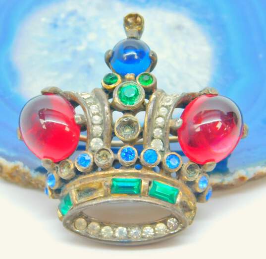 Vintage Crown Trifari Alfred Philippe Gilded Sterling Jelly Belly Small Crown Brooch 12.3g image number 1