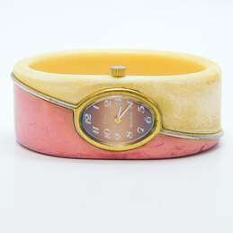 Vintage Dior Bulova 7943 Goldtone Pink & Cream Bakelite Hinged Bangle Bracelet Watch 37.4g