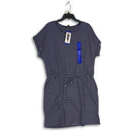 NWT Womens Blue Striped Short Sleeve Drawstring Waist T-Shirt Dress Size L
