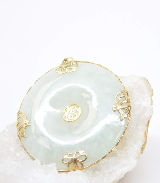 14K Gold Chinese Character Butterflies & Flowers Overlay Jade Disc Pendant 11g image number 2